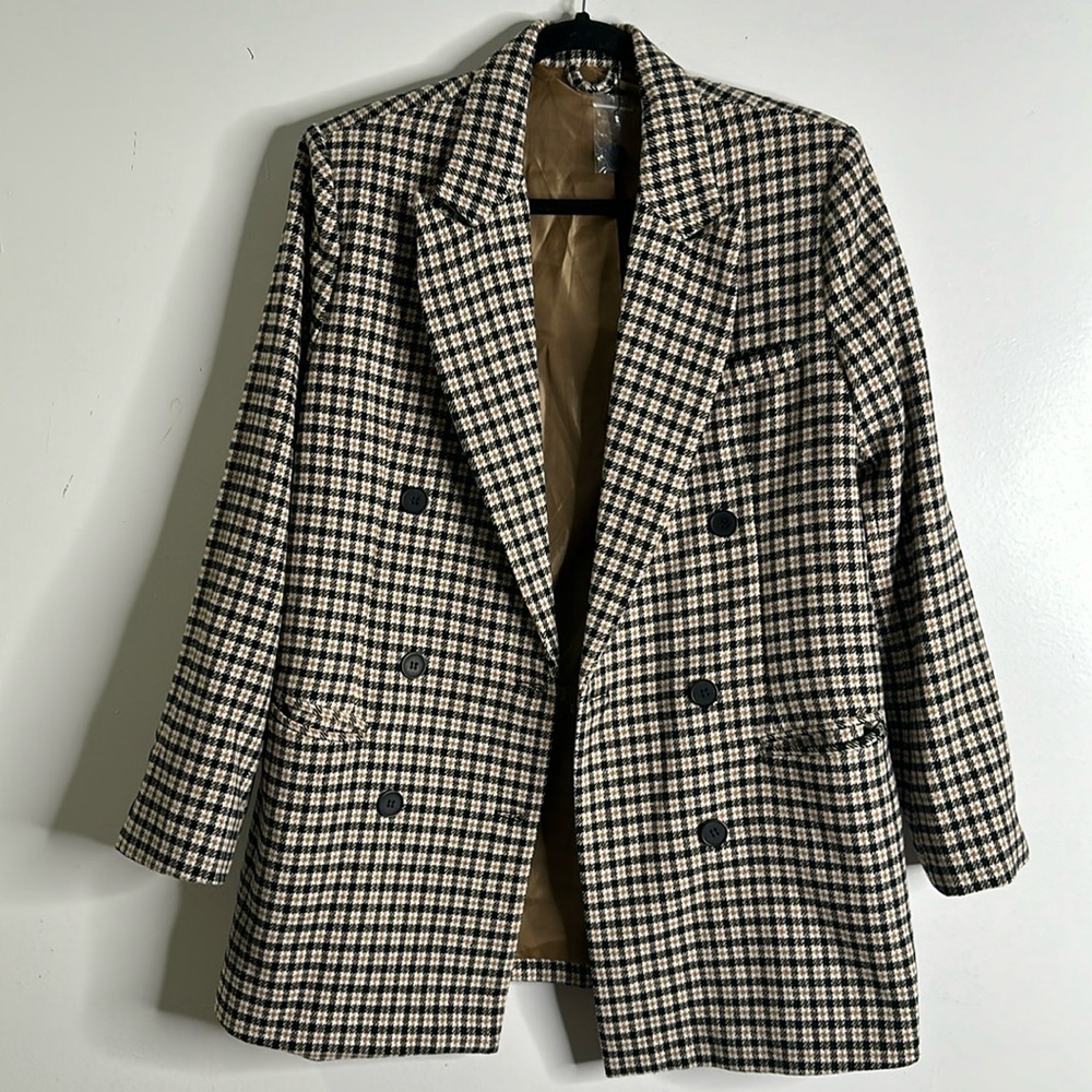 Nasty gal brown beige black double breasted checkered blazer size 4 academia